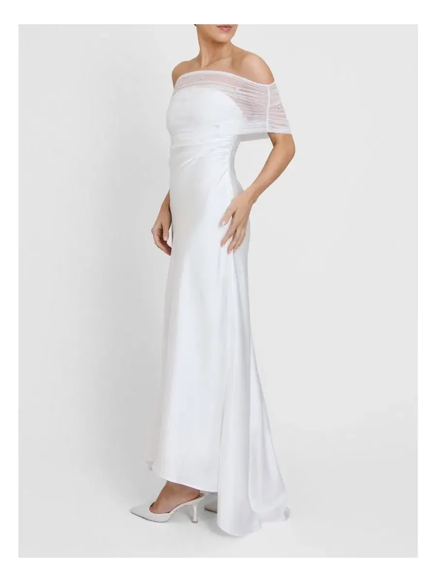 Платье миди с открытыми плечами, с бисерной отделкой, Bardot Detail Beaded Satin Midaxi Six Stories — изображение 6 из 7