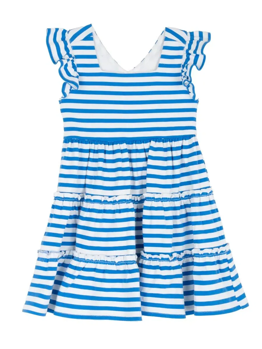 Платье из джерси с рукавами-воланами и ярусной юбкой, модель Girls' 2T-6X Jersey Knit Stripe — изображение 1 из 4, синий