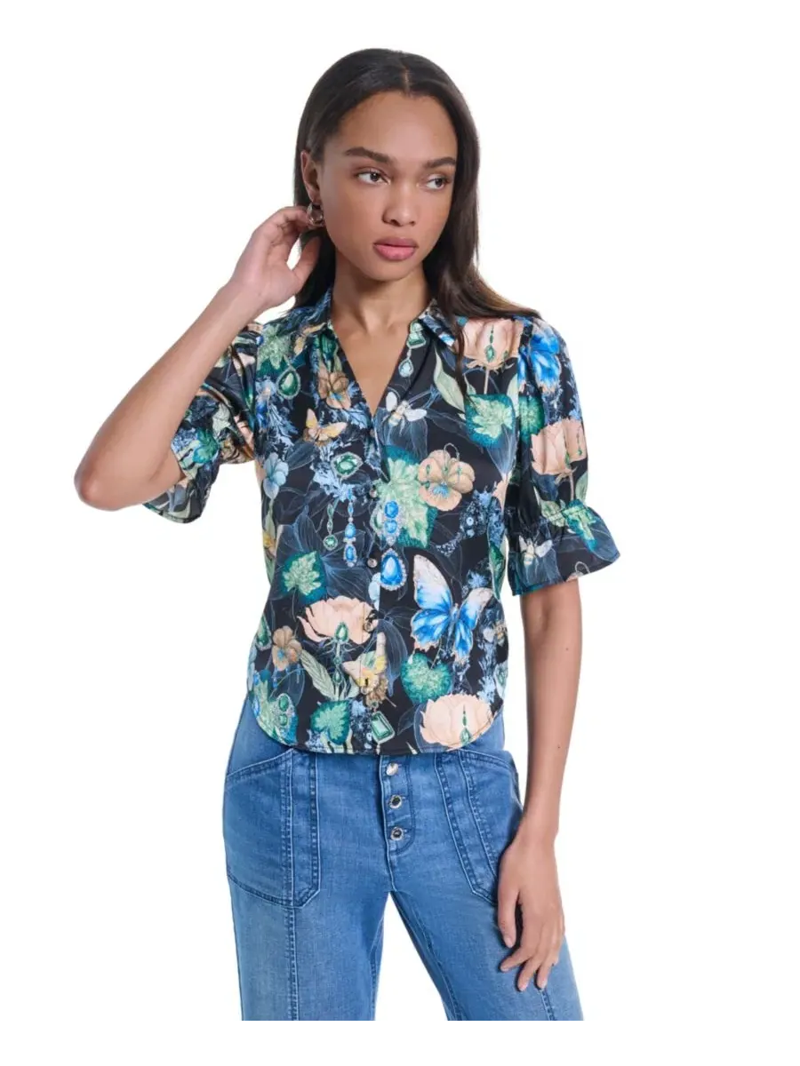 Блузка с воротником и принтом, модель Petite Collared Printed Woven Top KARL LAGERFELD PARIS — изображение 1 из 6