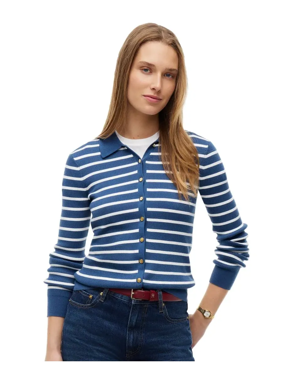Кардиган женский с поло-воротником, с длинным рукавом Tommy Hilfiger, Breton Stripe Aegean Sea Ecru — изображение 1 из 4