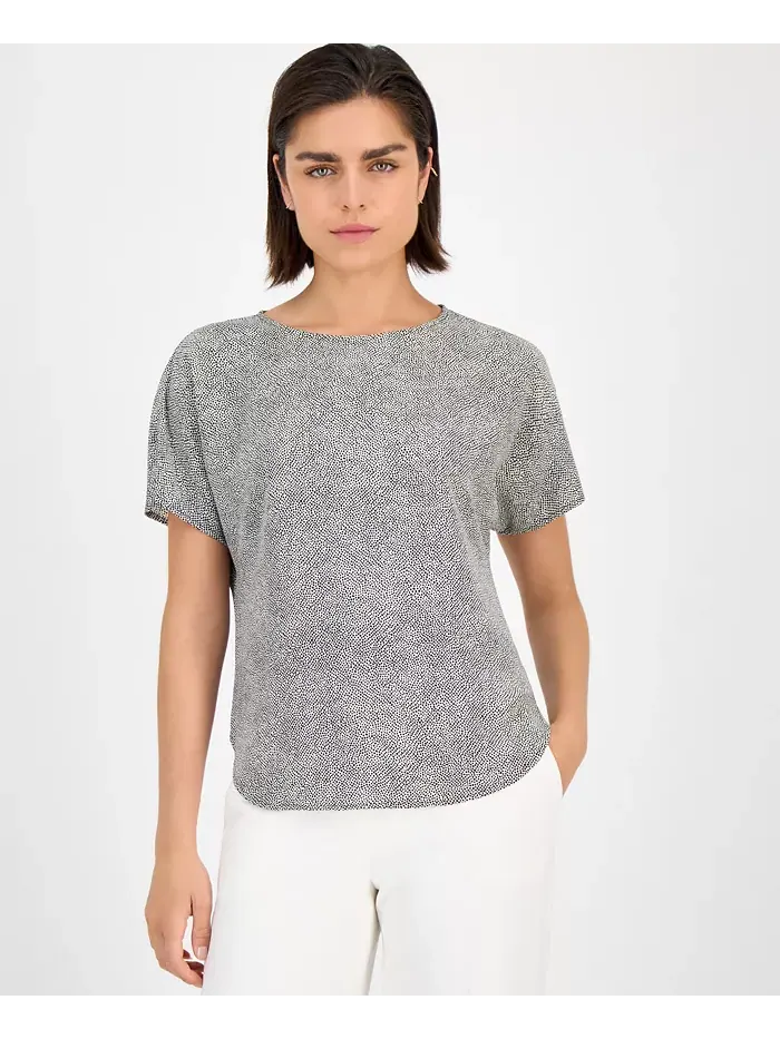 Женская блузка с коротким рукавом и круглым вырезом с принтом Anne Klein — изображение 1 из 2, белый/черный