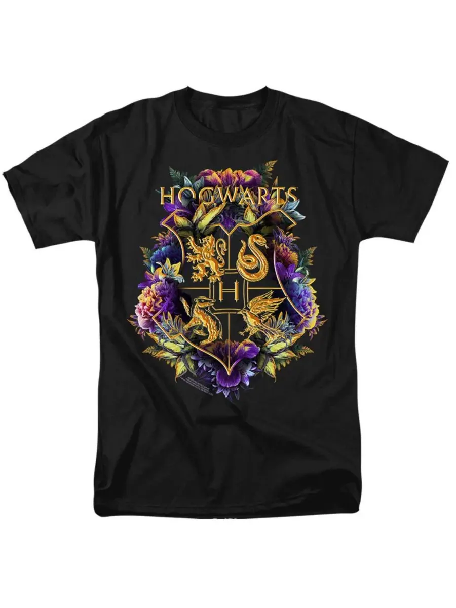 Футболка с принтом Hogwarts Colorful Floral Crest Harry Potter — изображение 1 из 3, черный