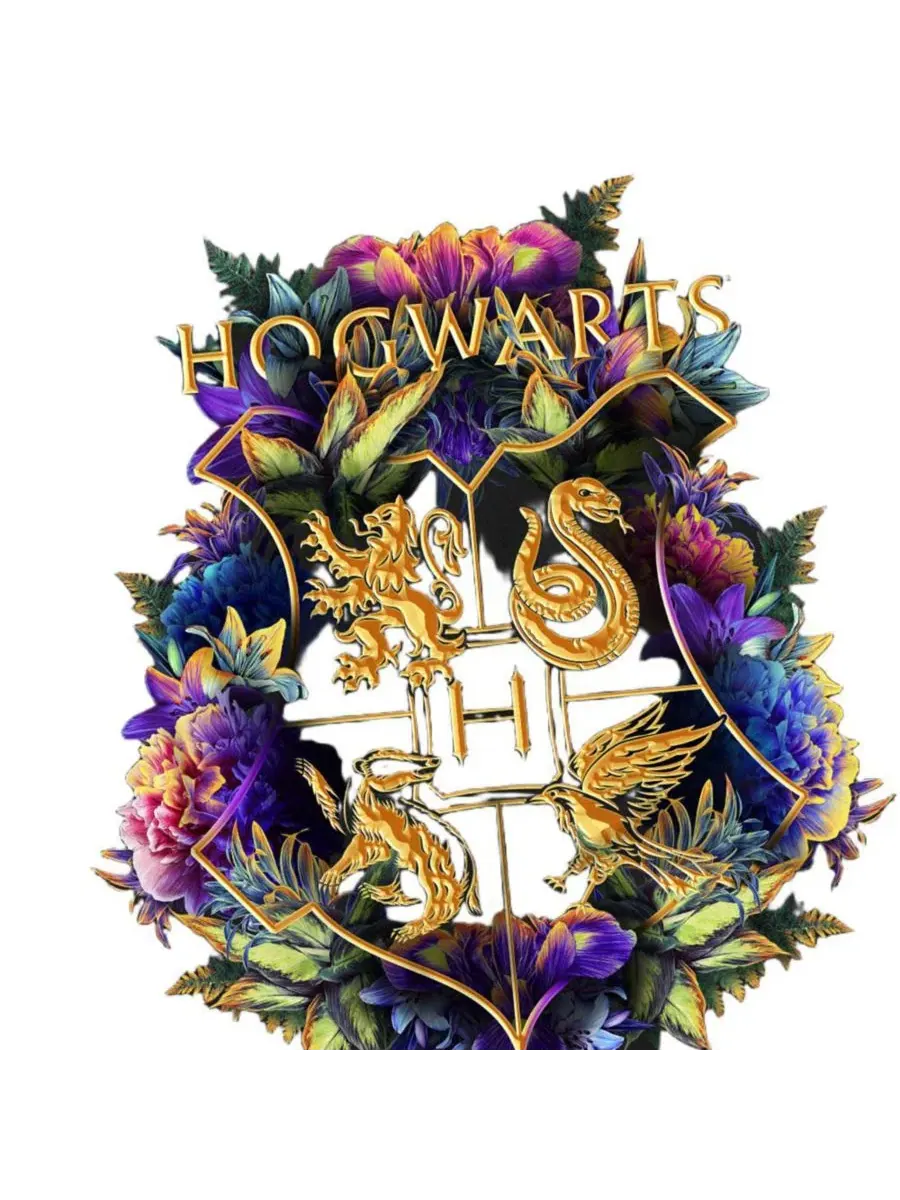 Футболка с принтом Hogwarts Colorful Floral Crest Harry Potter — изображение 2 из 3, черный