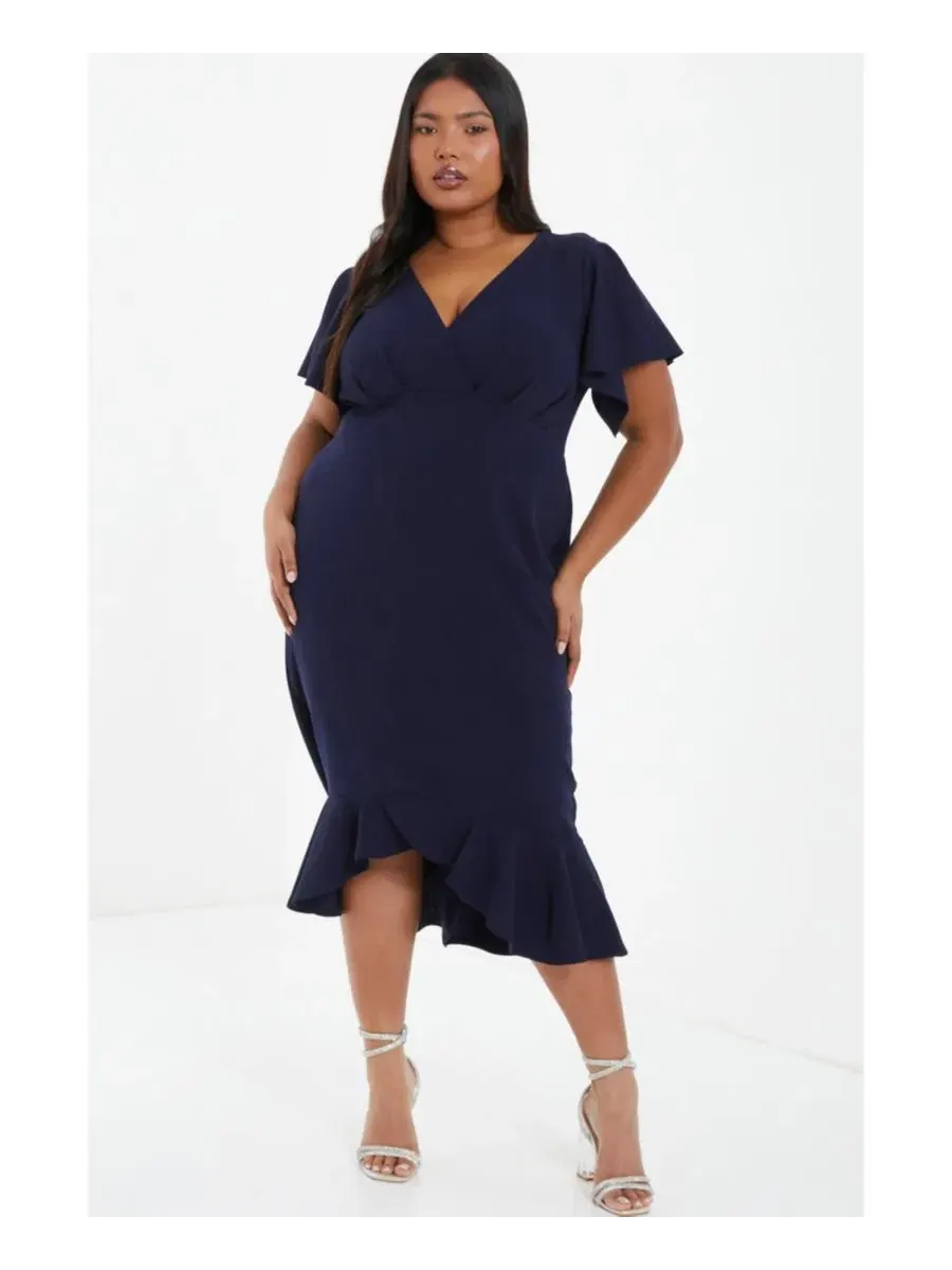 Платье миди с V-образным вырезом и воланами Scuba Crepe Frill QUIZ — изображение 2 из 3, синий