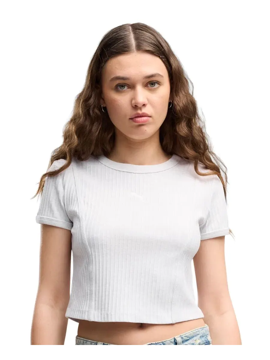 Женская футболка с ребристой текстурой, укороченная, с круглым вырезом Puma — изображение 3 из 4, белый