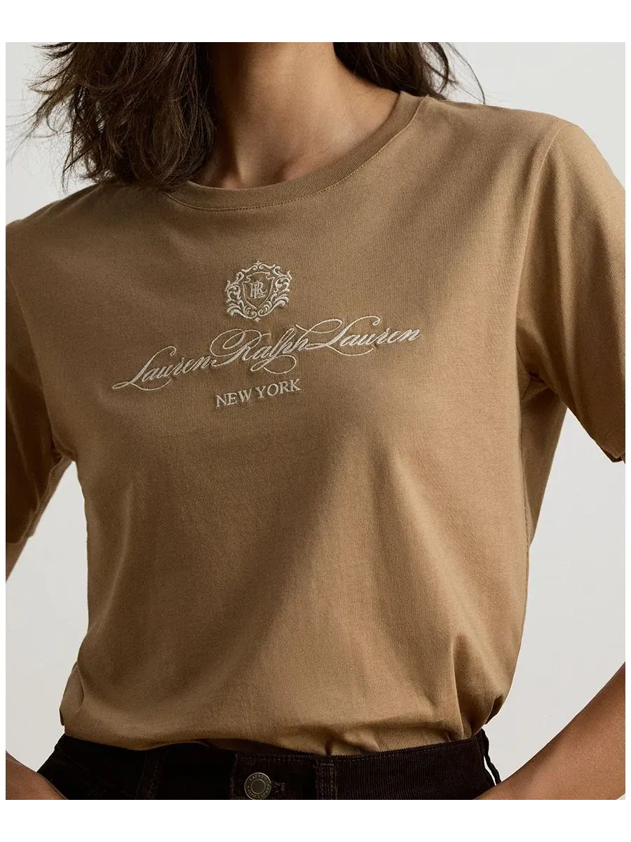Женский топ с вышитым гербом и круглым вырезом Lauren Ralph Lauren — изображение 4 из 6, коричневый