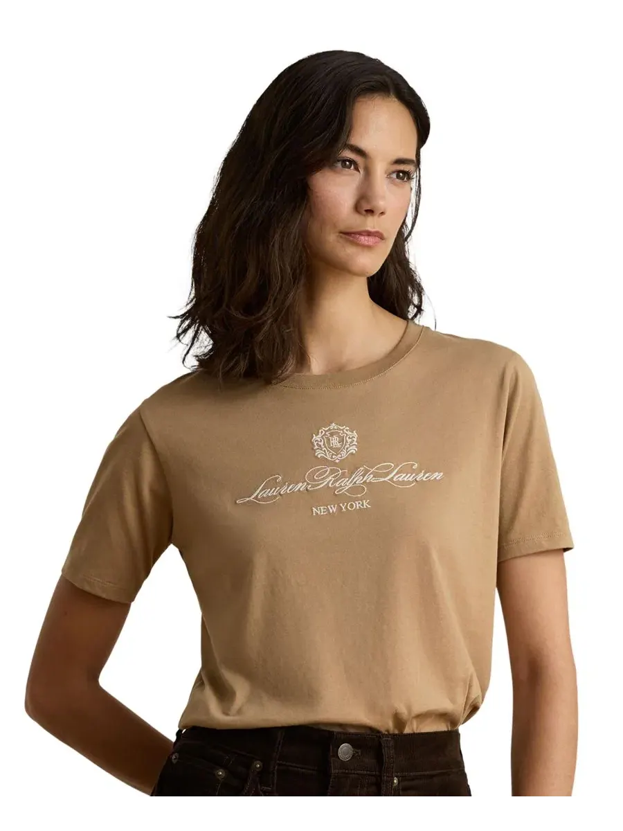 Женский топ с вышитым гербом и круглым вырезом Lauren Ralph Lauren — изображение 6 из 6, коричневый