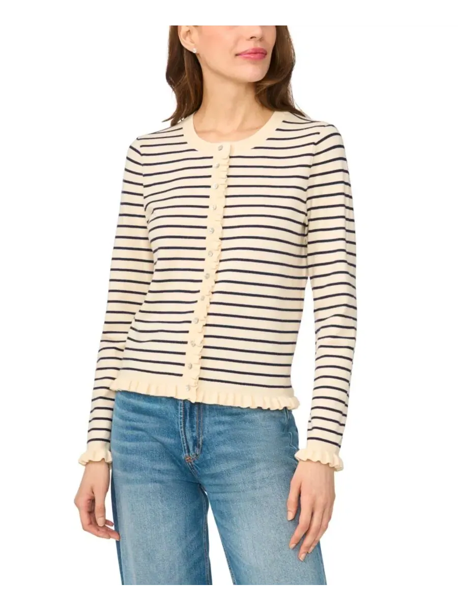 Кардиган женский в полоску с рюшами Stripe Crew Neck Ruffle Trim CeCe — изображение 1 из 3, ангора