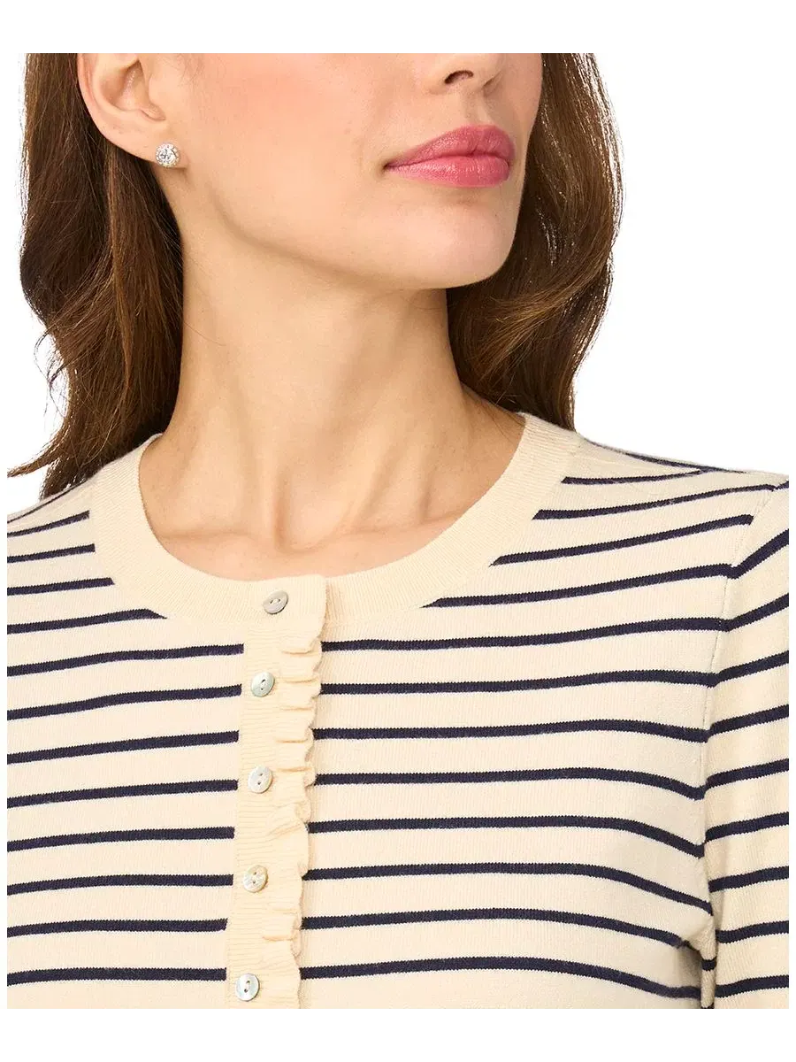 Кардиган женский в полоску с рюшами Stripe Crew Neck Ruffle Trim CeCe — изображение 2 из 3, ангора