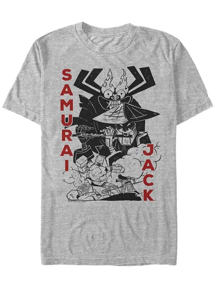 Мужская футболка с коротким рукавом и принтом Samurai Jack Aku Battle Woodblock Fifth Sun — изображение 1 из 1, серый