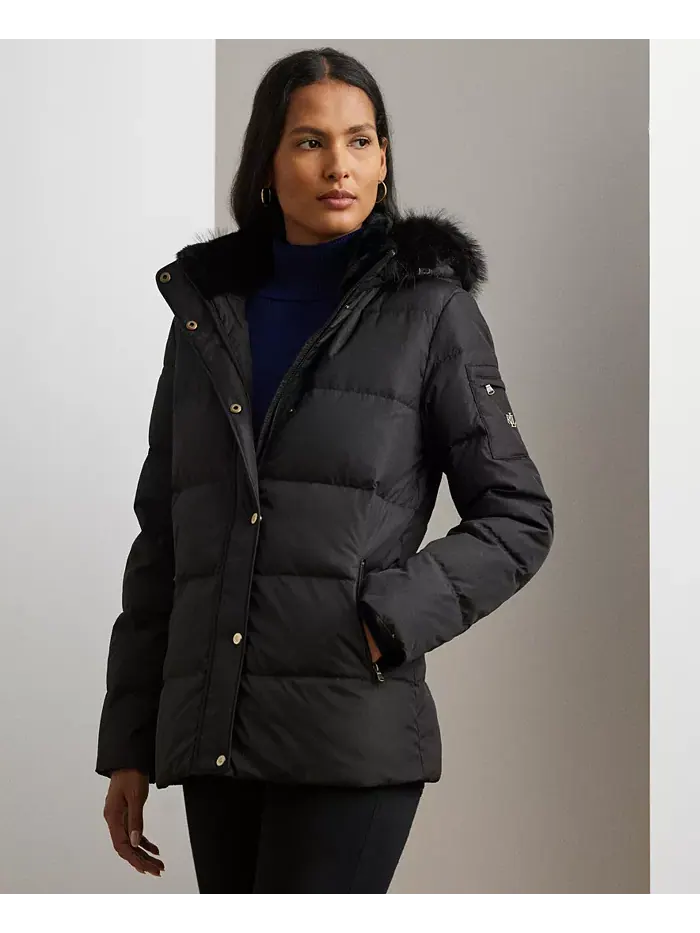 Женское стеганое пальто с капюшоном из искусственного меха Lauren Ralph Lauren