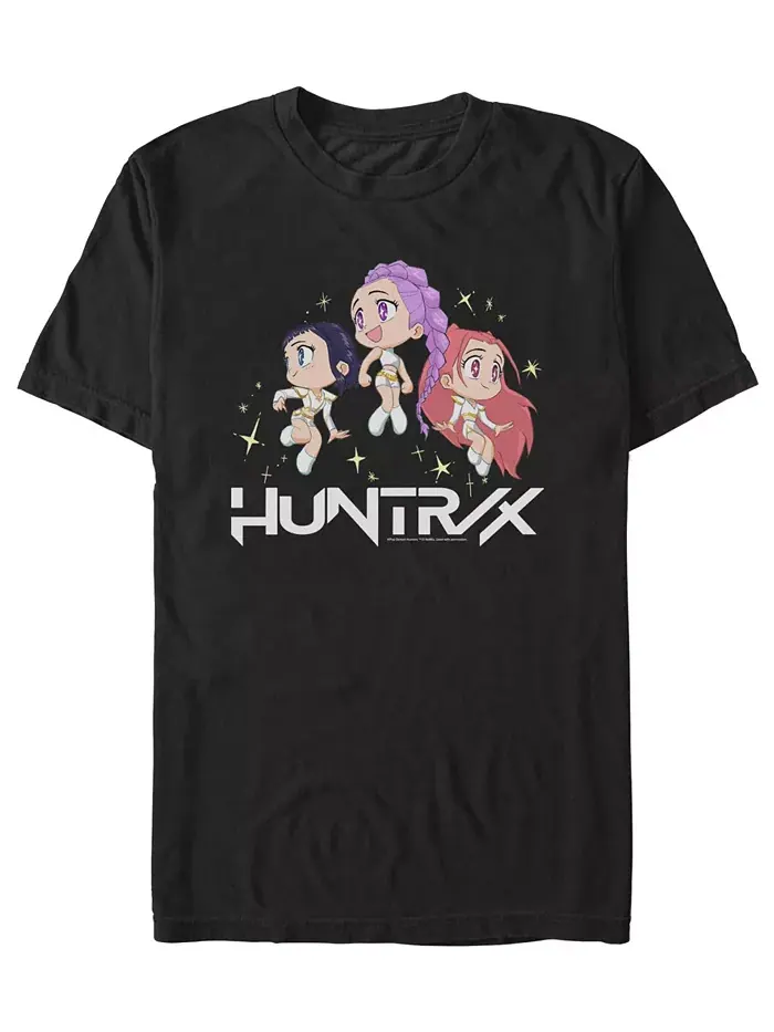 Мужская футболка Huntrix с чиби-группой охотников на демонов в стиле K-Pop Fifth Sun — изображение 1 из 3, черный