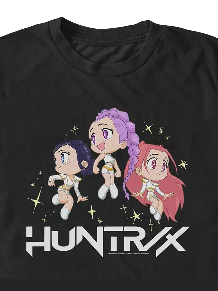Мужская футболка Huntrix с чиби-группой охотников на демонов в стиле K-Pop Fifth Sun — изображение 2 из 3, черный