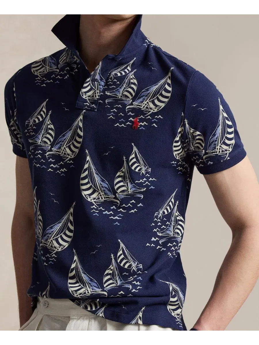 Мужская футболка-поло классического кроя с принтом Sailboat Mesh Polo Ralph Lauren — изображение 3 из 5, темно-синий