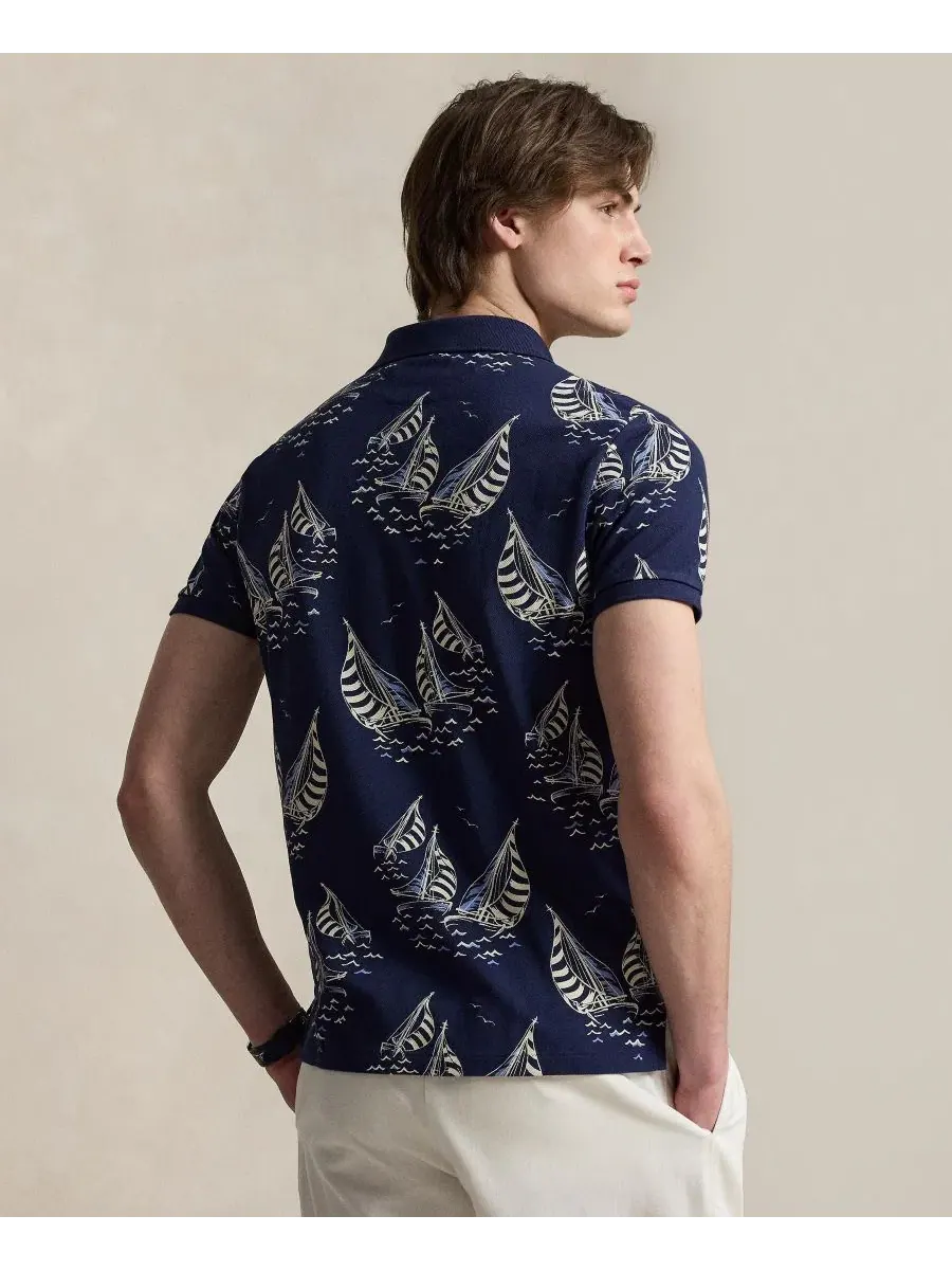 Мужская футболка-поло классического кроя с принтом Sailboat Mesh Polo Ralph Lauren — изображение 4 из 5, темно-синий
