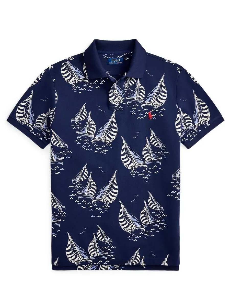 Мужская футболка-поло классического кроя с принтом Sailboat Mesh Polo Ralph Lauren — изображение 5 из 5, темно-синий