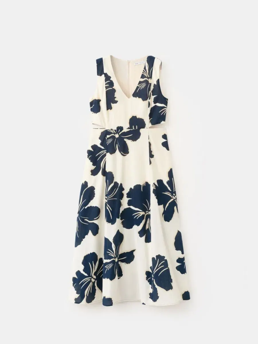 Платье миди с цветочным принтом и вырезами на талии, модель Cutouts Floral-Printed Dress MANGO