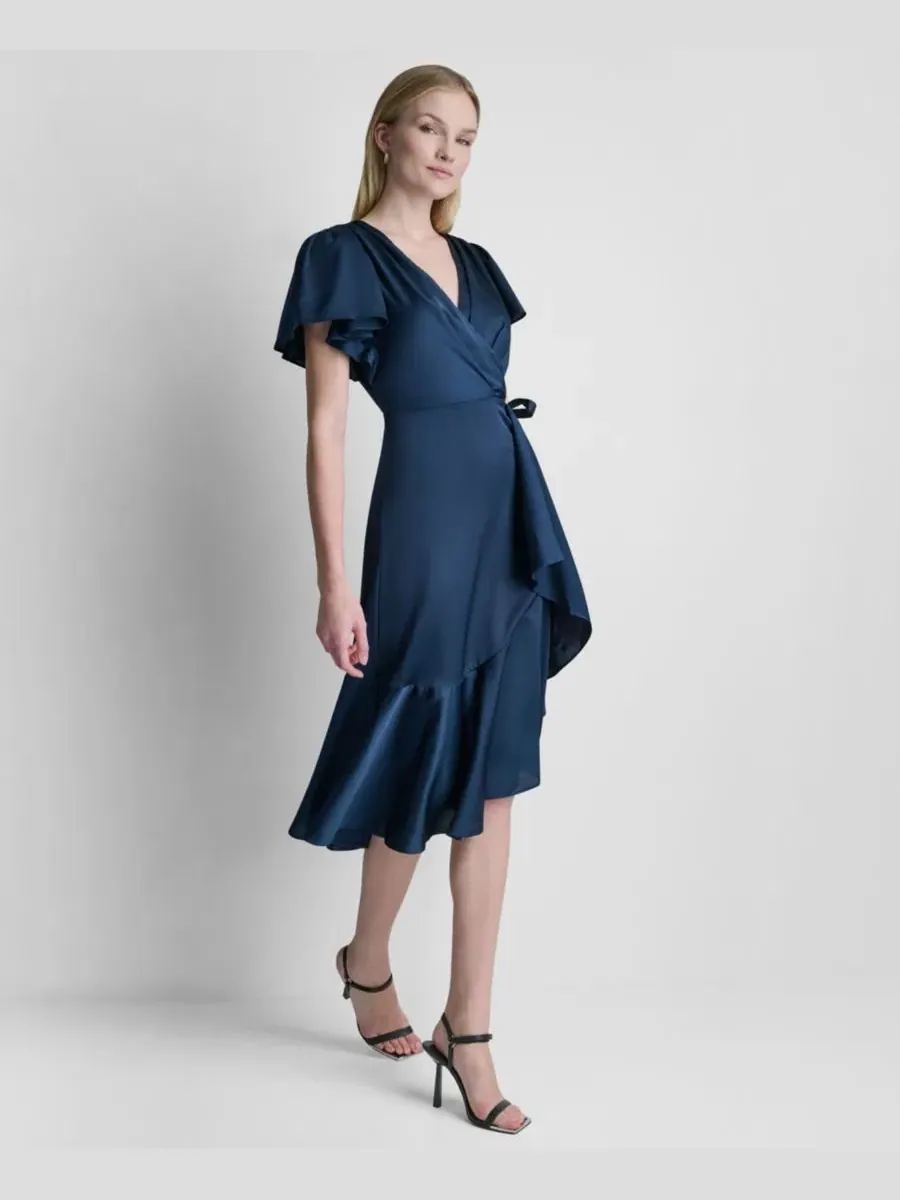 Платье миди DKNY Faux Wrap с боковой завязкой — изображение 3 из 5, синий