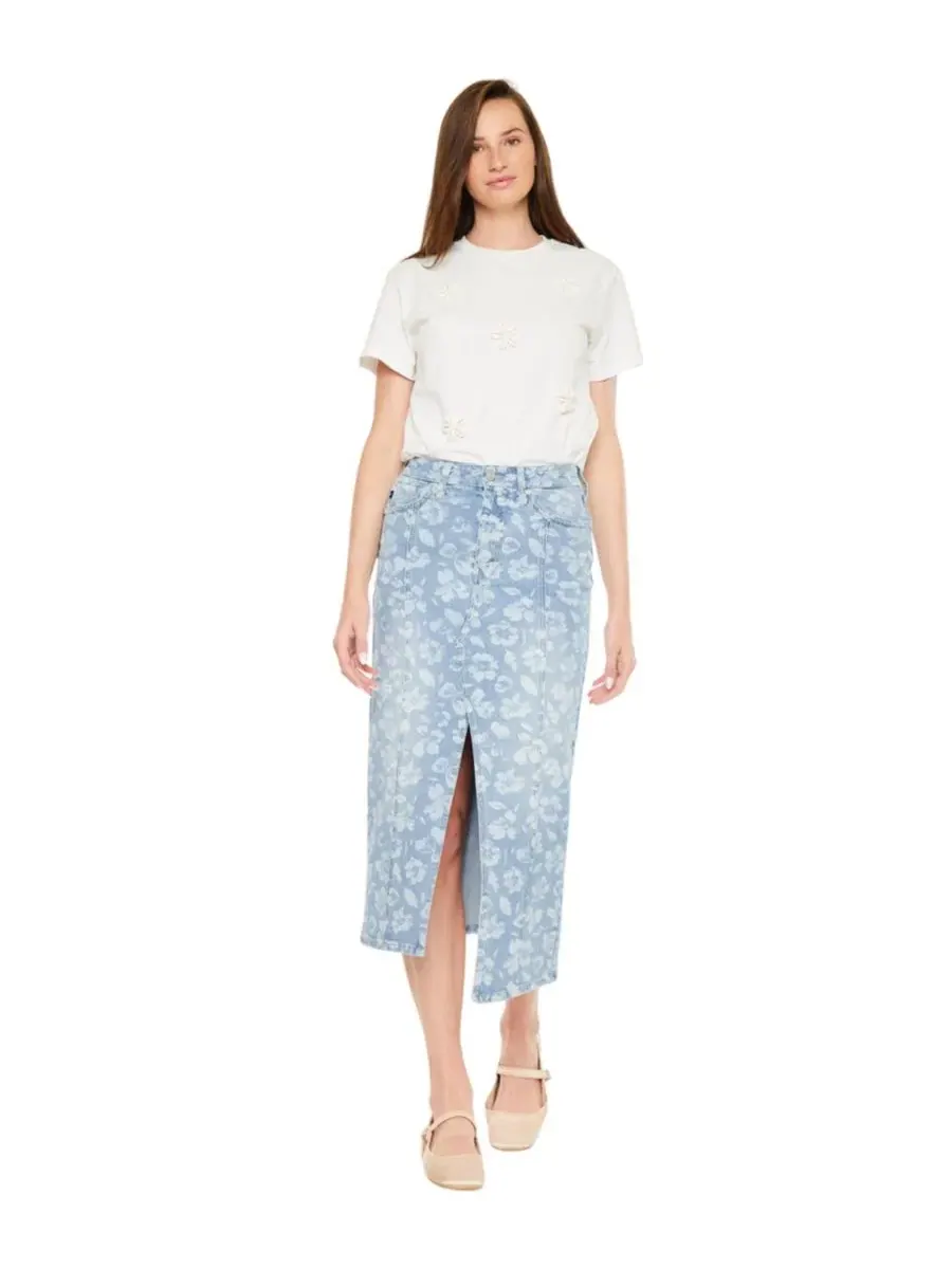 Юбка миди с принтом Hibiscus High Rise Midi Skirt KanCan — изображение 1 из 7, светлая стирка