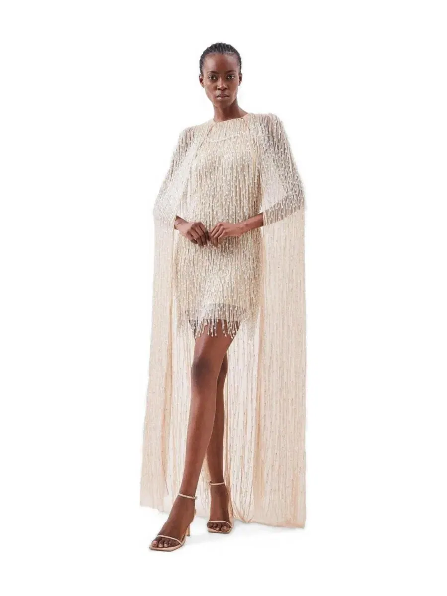 Платье мини с бахромой и капюшоном Karen Millen — изображение 1 из 5, серебряный