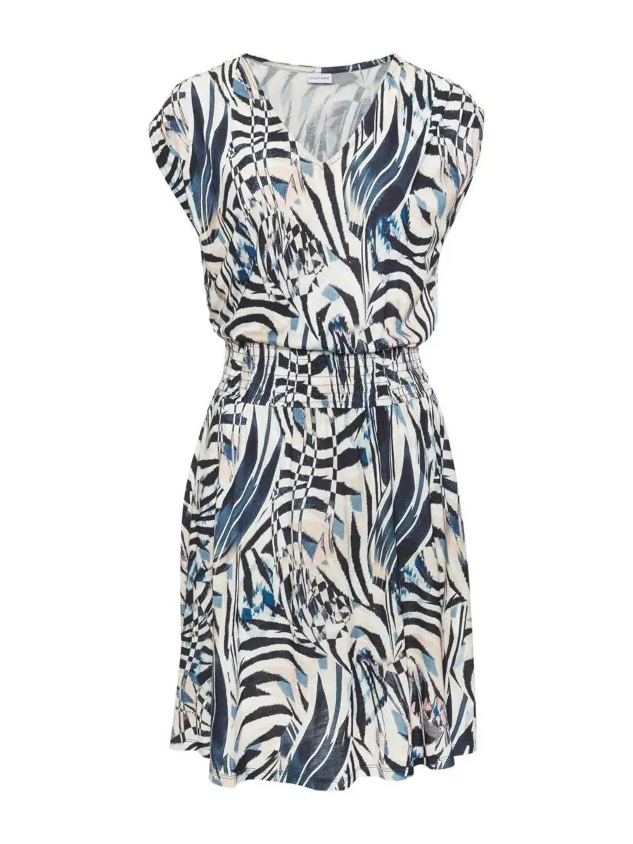 Платье женское с принтом, V-образным вырезом, без рукавов, модель Smocked Waist V-Neck Animal Print — изображение 6 из 7