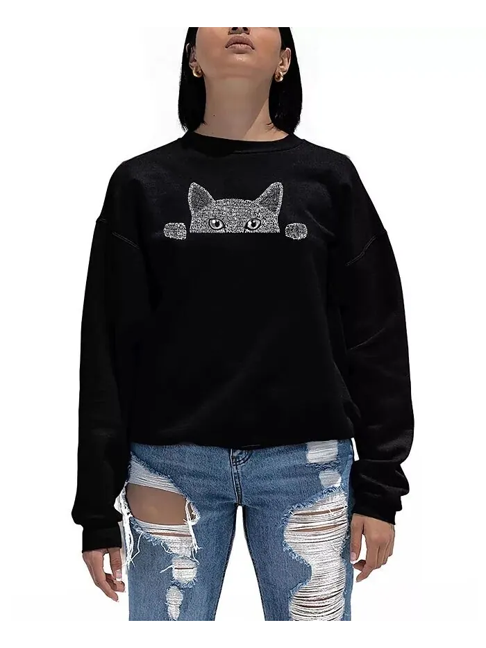 Женская толстовка с круглым вырезом Word Art Peeking Cat LA Pop Art — изображение 1 из 2, черный