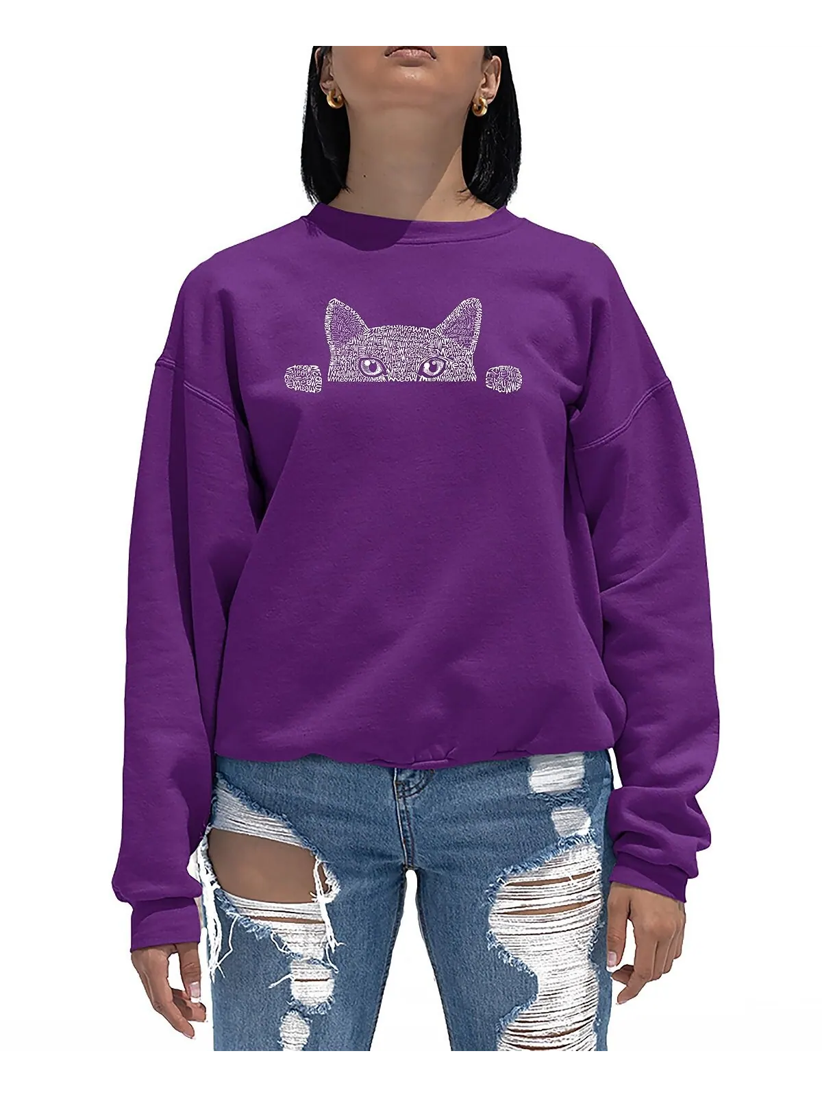 Женский свитшот с круглым вырезом с узором Word Art Peeking Cat LA Pop Art — изображение 1 из 2, фиолетовый