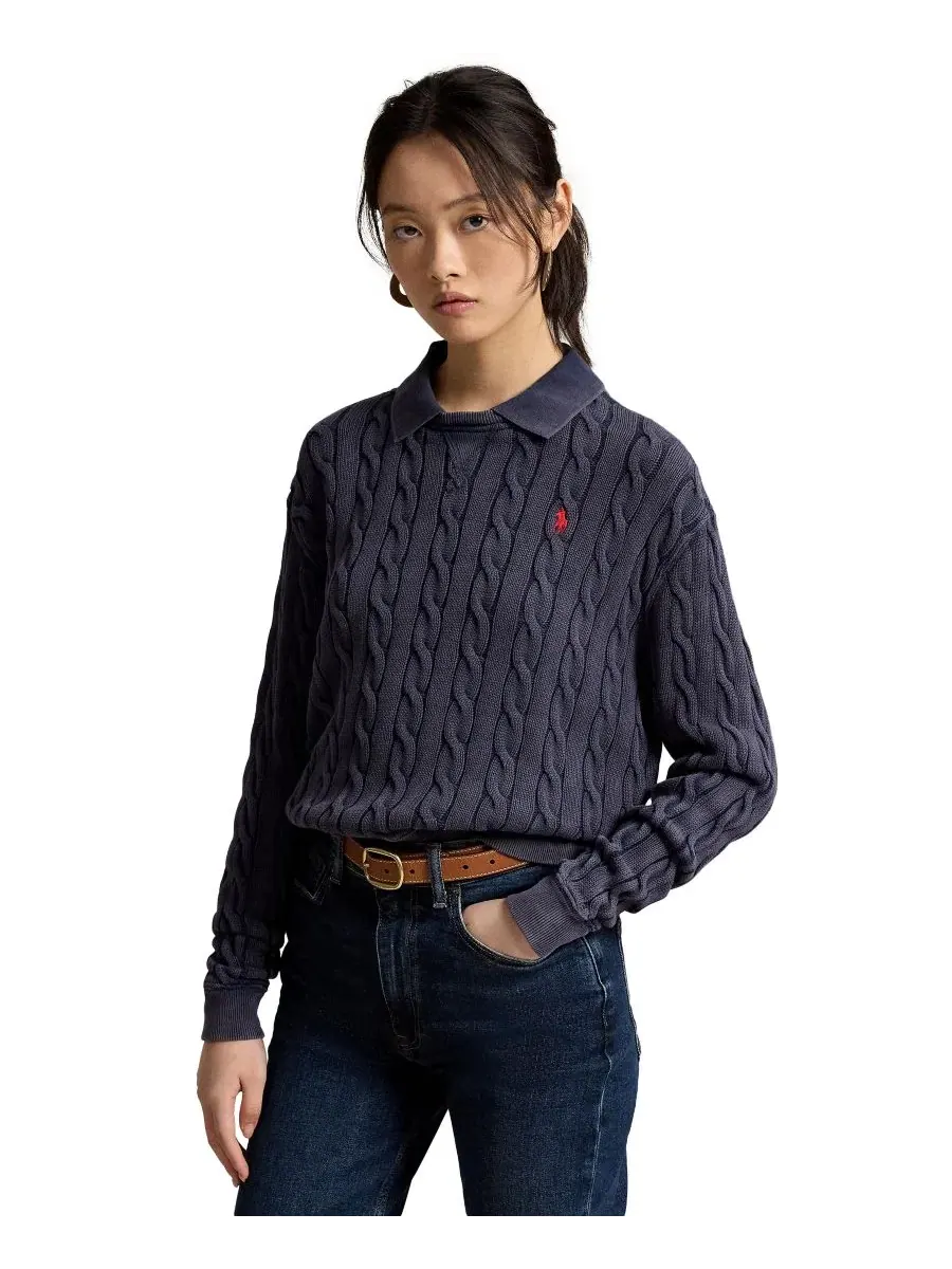 Свитер женский из хлопка с косами, модель Cable-Knit Cotton Polo Sweater Polo Ralph Lauren — изображение 1 из 5, темно-синий