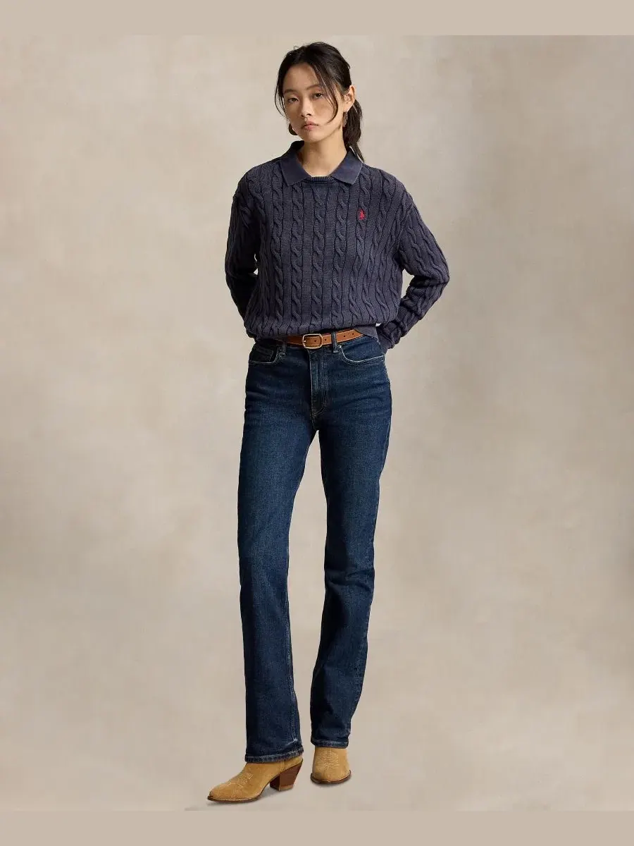 Свитер женский из хлопка с косами, модель Cable-Knit Cotton Polo Sweater Polo Ralph Lauren — изображение 2 из 5, темно-синий