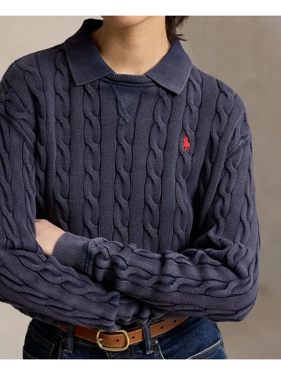 Свитер женский из хлопка с косами, модель Cable-Knit Cotton Polo Sweater Polo Ralph Lauren — изображение 3 из 5, темно-синий