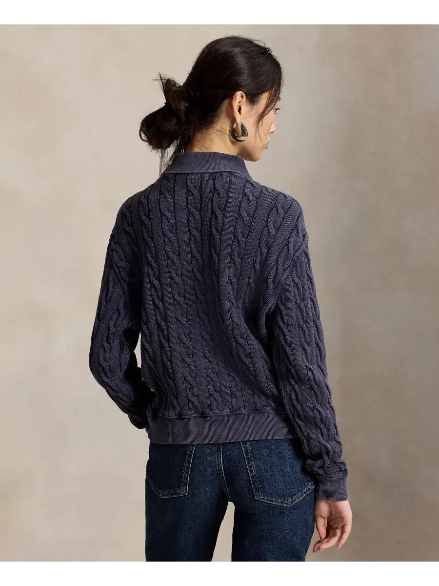 Свитер женский из хлопка с косами, модель Cable-Knit Cotton Polo Sweater Polo Ralph Lauren — изображение 4 из 5, темно-синий