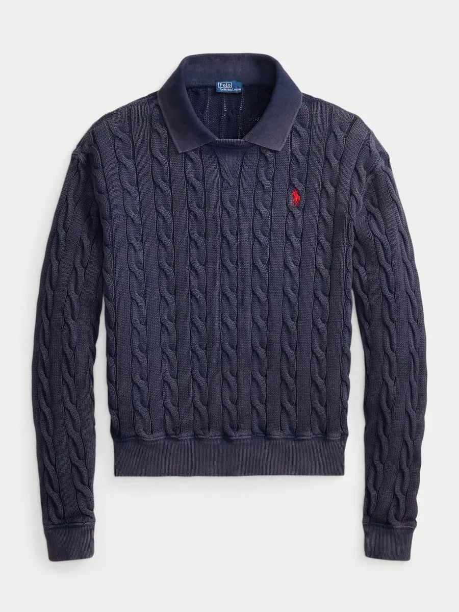 Свитер женский из хлопка с косами, модель Cable-Knit Cotton Polo Sweater Polo Ralph Lauren — изображение 5 из 5, темно-синий