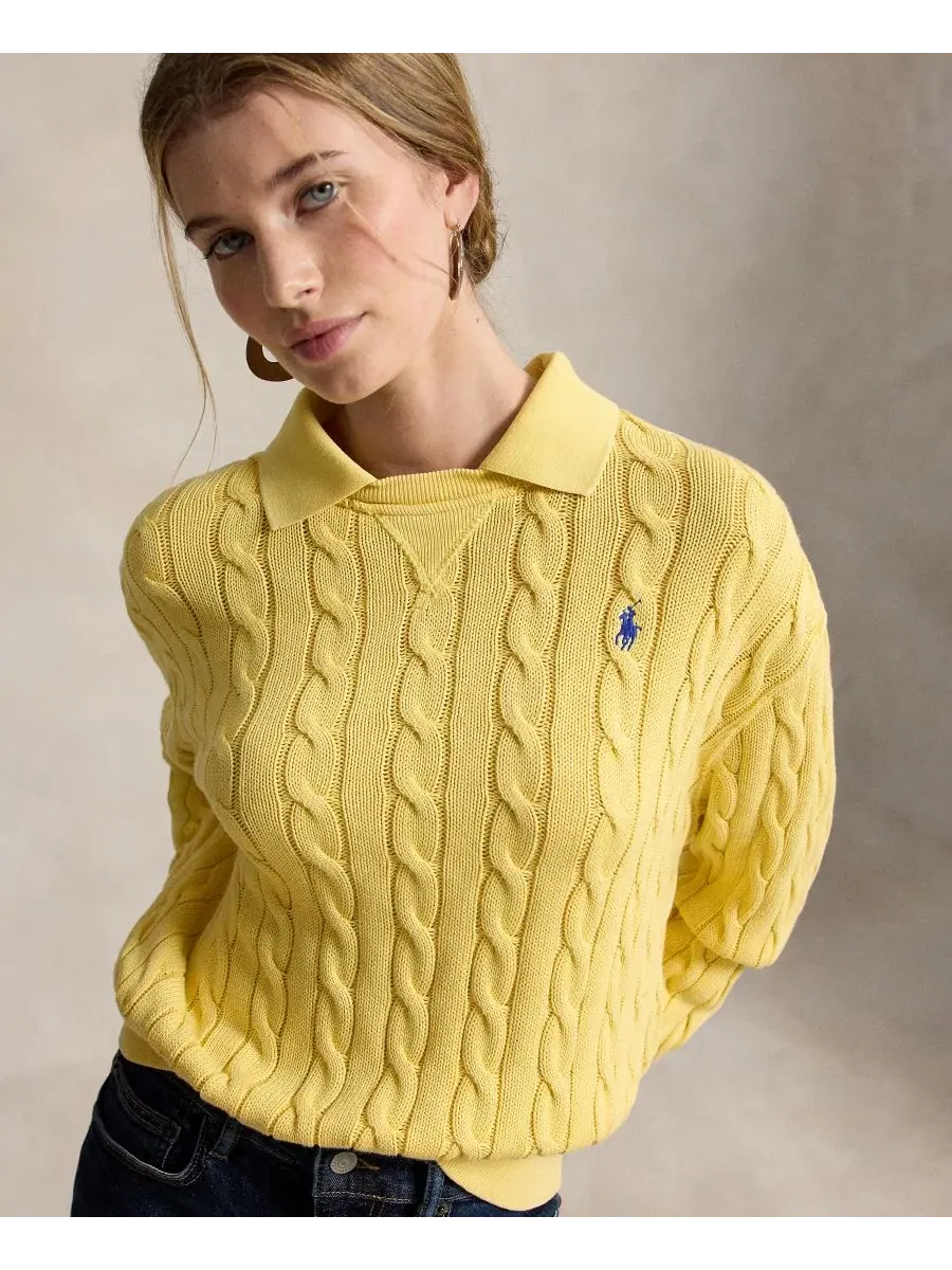 Свитер женский с кабельным узором из хлопка, модель Cable-Knit Cotton Polo Sweater Polo Ralph Lauren — изображение 3 из 5