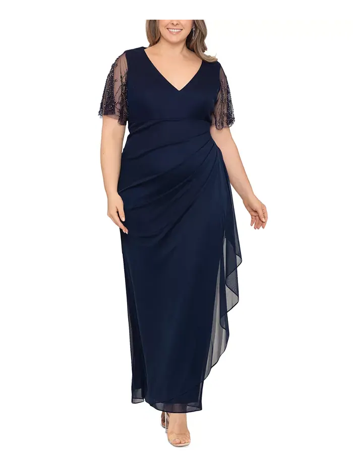 Платье с кружевными рукавами Plus Size XSCAPE — изображение 1 из 2, темно-синий
