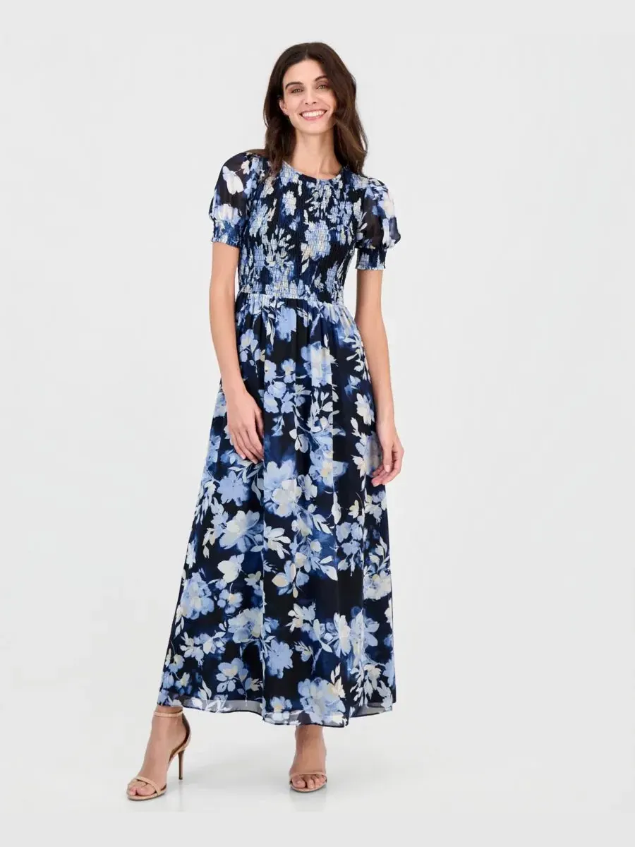 Платье макси с принтом, с пышными рукавами Anne Klein — изображение 1 из 5, синий мульти