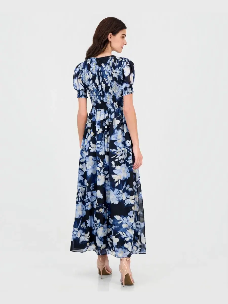 Платье макси с принтом, с пышными рукавами Anne Klein — изображение 2 из 5, синий мульти