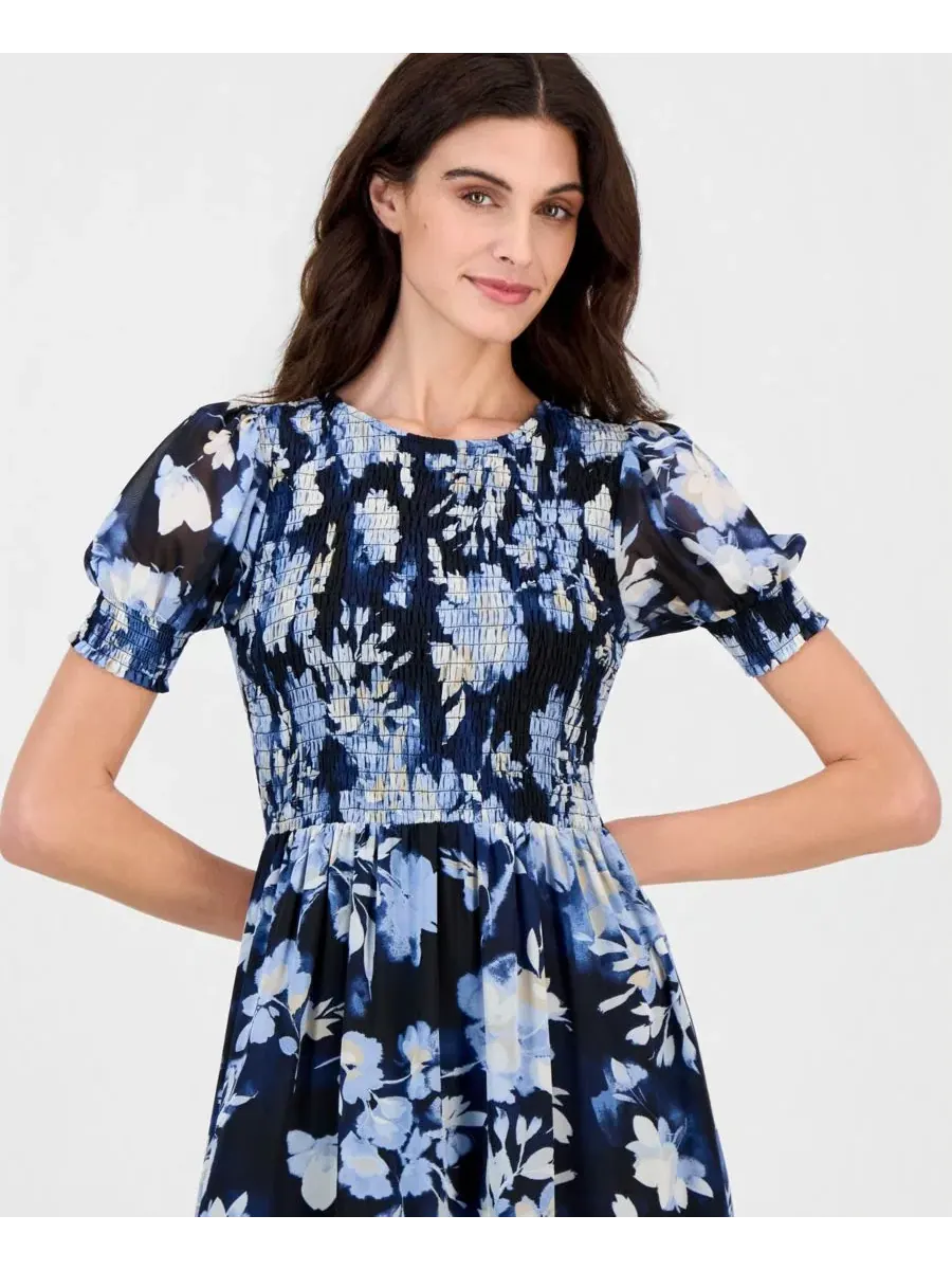 Платье макси с принтом, с пышными рукавами Anne Klein — изображение 3 из 5, синий мульти