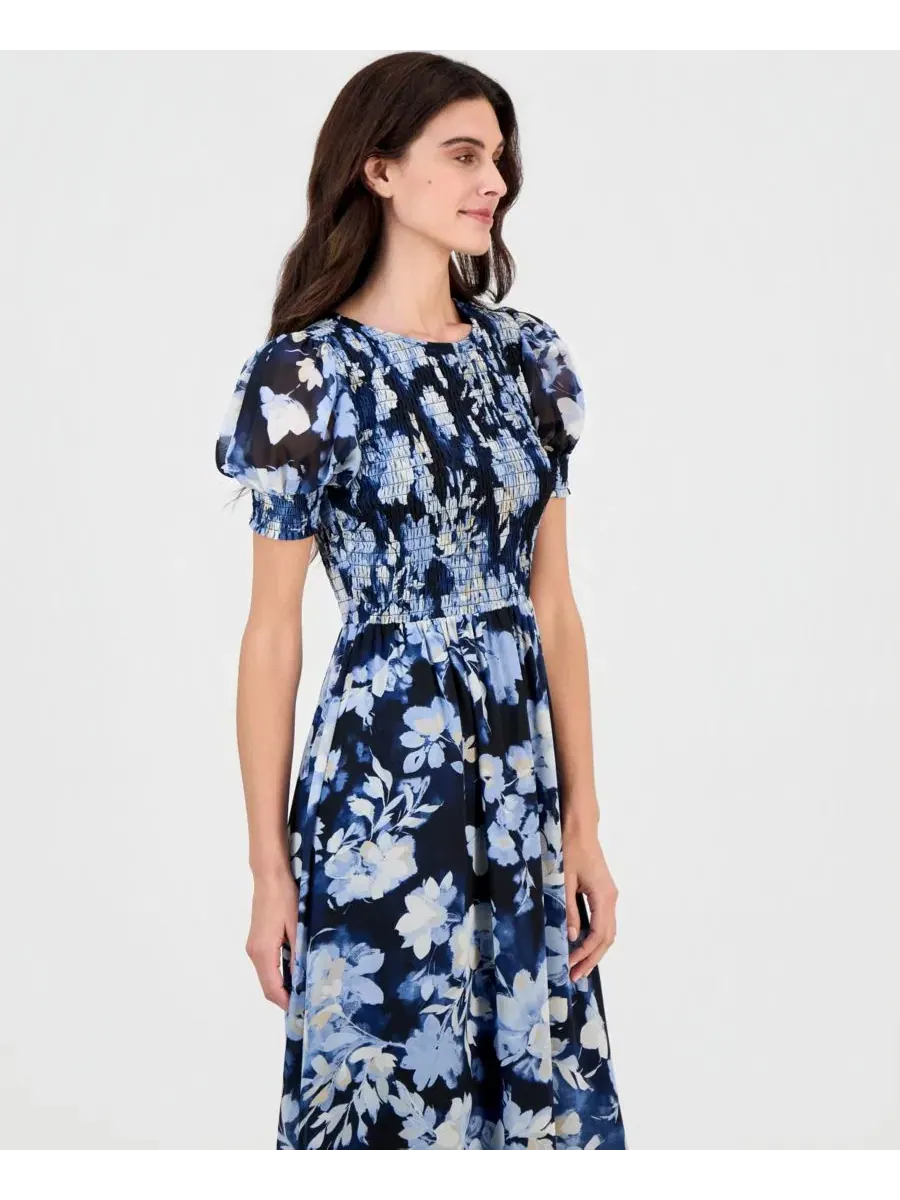 Платье макси с принтом, с пышными рукавами Anne Klein — изображение 4 из 5, синий мульти