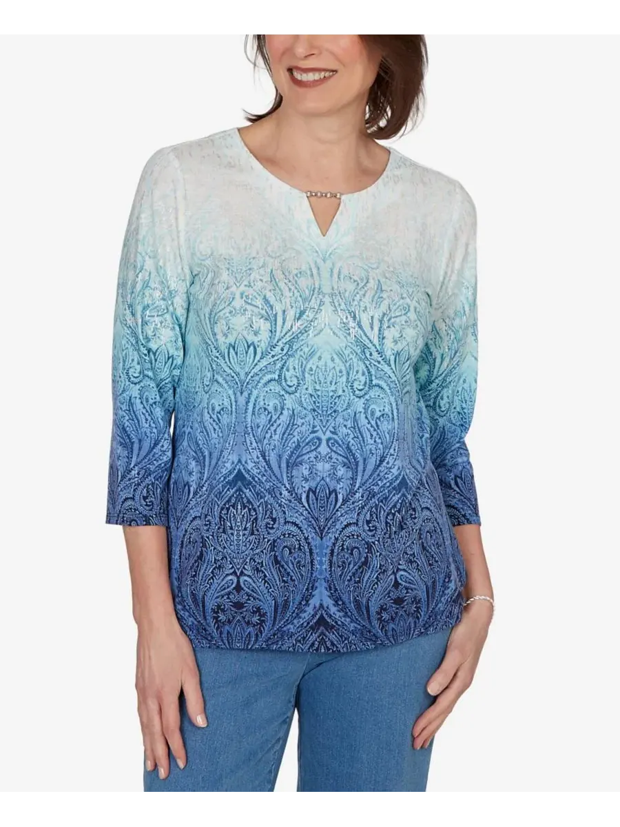 Топ с принтом Petite Ombre Medallion Knit Alfred Dunner — изображение 1 из 5, джинсовый синий