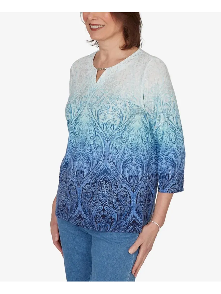 Топ с принтом Petite Ombre Medallion Knit Alfred Dunner — изображение 2 из 5, джинсовый синий