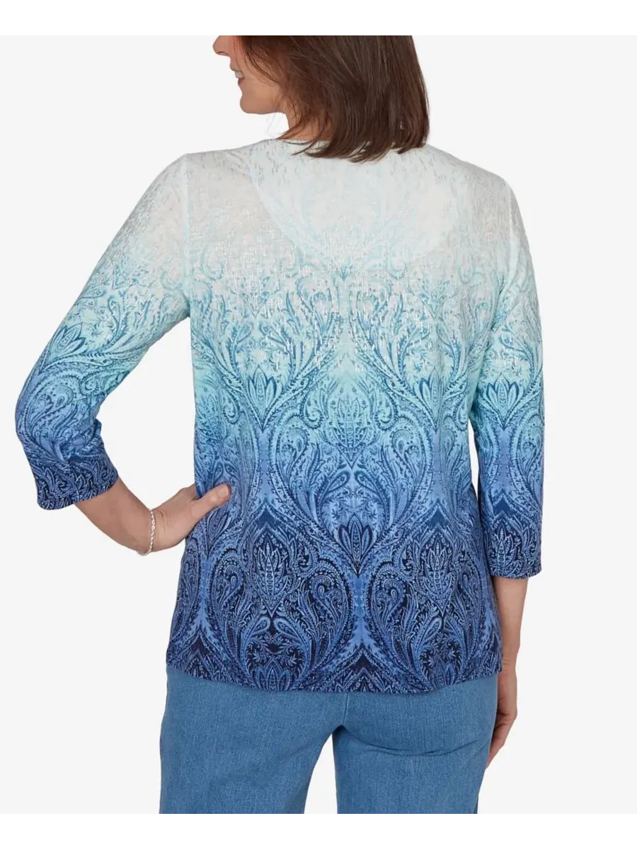 Топ с принтом Petite Ombre Medallion Knit Alfred Dunner — изображение 5 из 5, джинсовый синий