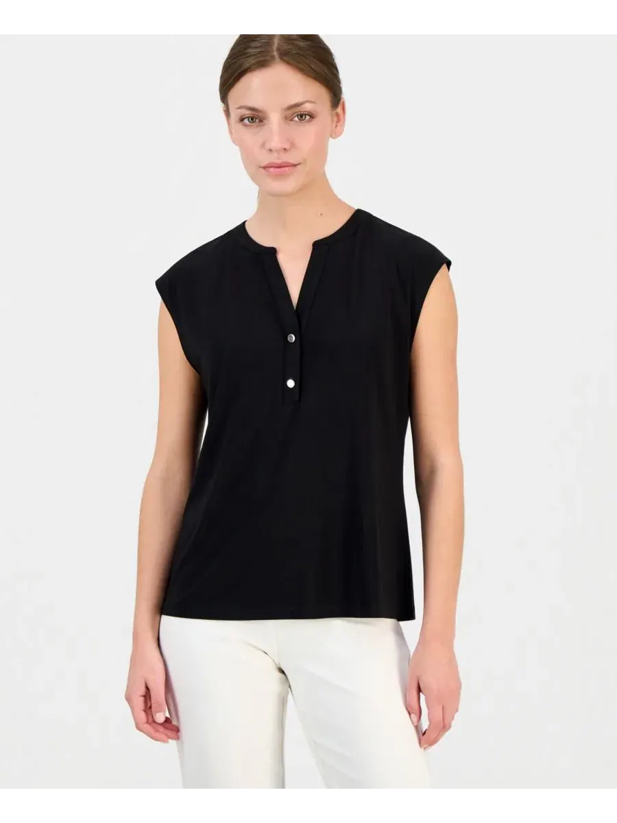 Короткий топ с коротким рукавом для невысоких девушек Anne Klein Essentials — изображение 1 из 4, черный