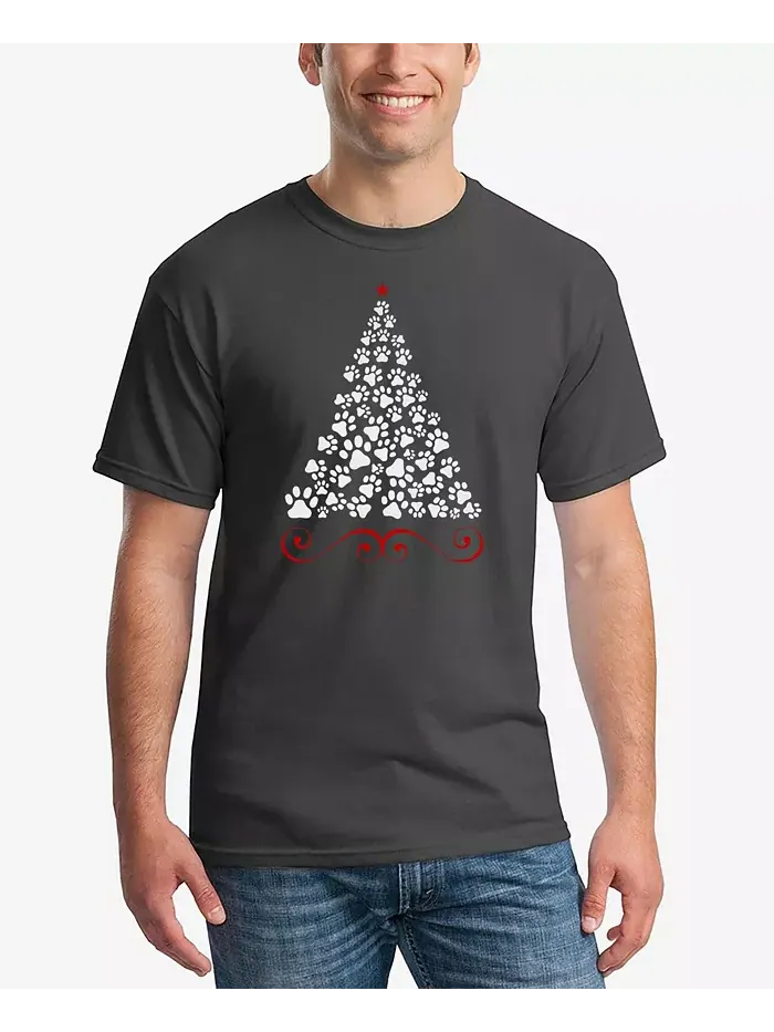 Мужская футболка с принтом Paw Christmas Tree Word Art La Pop Art — изображение 1 из 5, серый