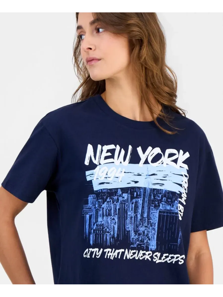 Футболка укороченная с принтом New York Skyline Rebellious One — изображение 2 из 4, темно-синий