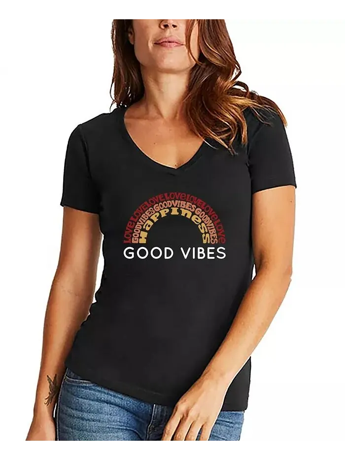 Женская футболка Word Art Good Vibes с V-образным вырезом LA Pop Art — изображение 1 из 2, черный