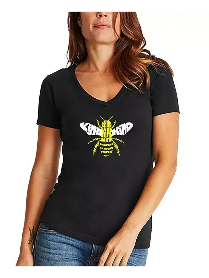 Женская футболка Bee Kind Word Art с V-образным вырезом LA Pop Art — изображение 1 из 3, черный