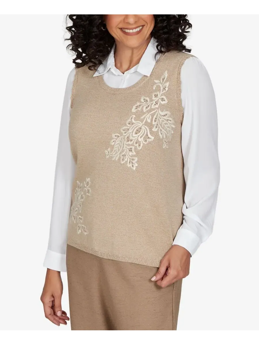 Свитер с вышивкой и декором Petite Union Square Two-in-One Embroidered Scoop Neck Sweater Alfred — изображение 2 из 5, пекан