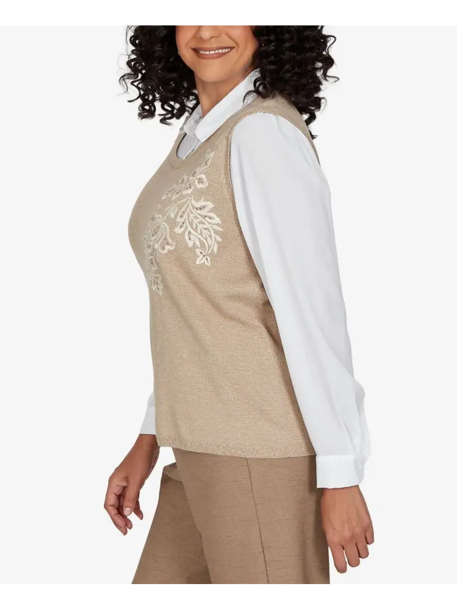 Свитер с вышивкой и декором Petite Union Square Two-in-One Embroidered Scoop Neck Sweater Alfred — изображение 3 из 5, пекан