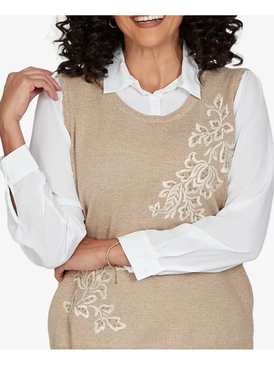 Свитер с вышивкой и декором Petite Union Square Two-in-One Embroidered Scoop Neck Sweater Alfred — изображение 4 из 5, пекан