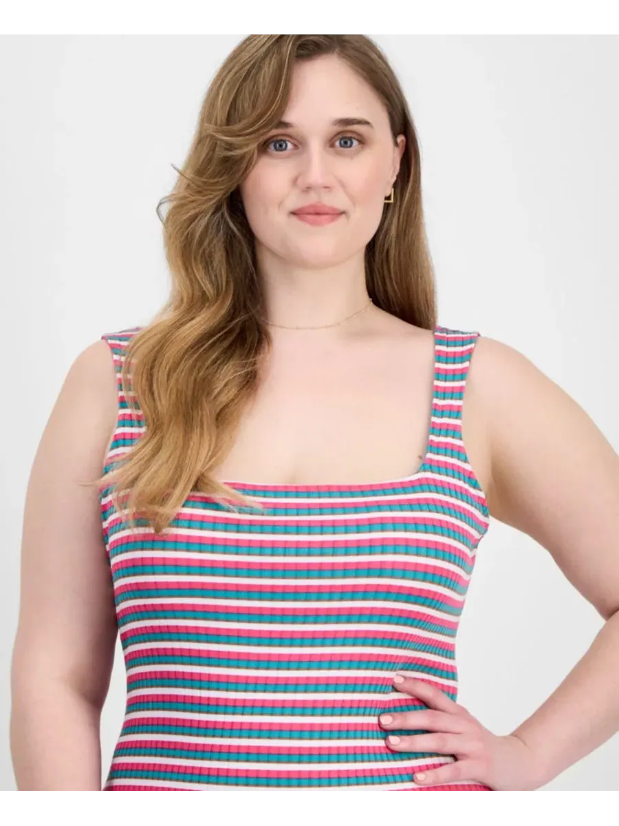 Платье-макси без рукавов с принтом в полоску, модель Trendy Plus Size Printed Ribbed Knit — изображение 3 из 3